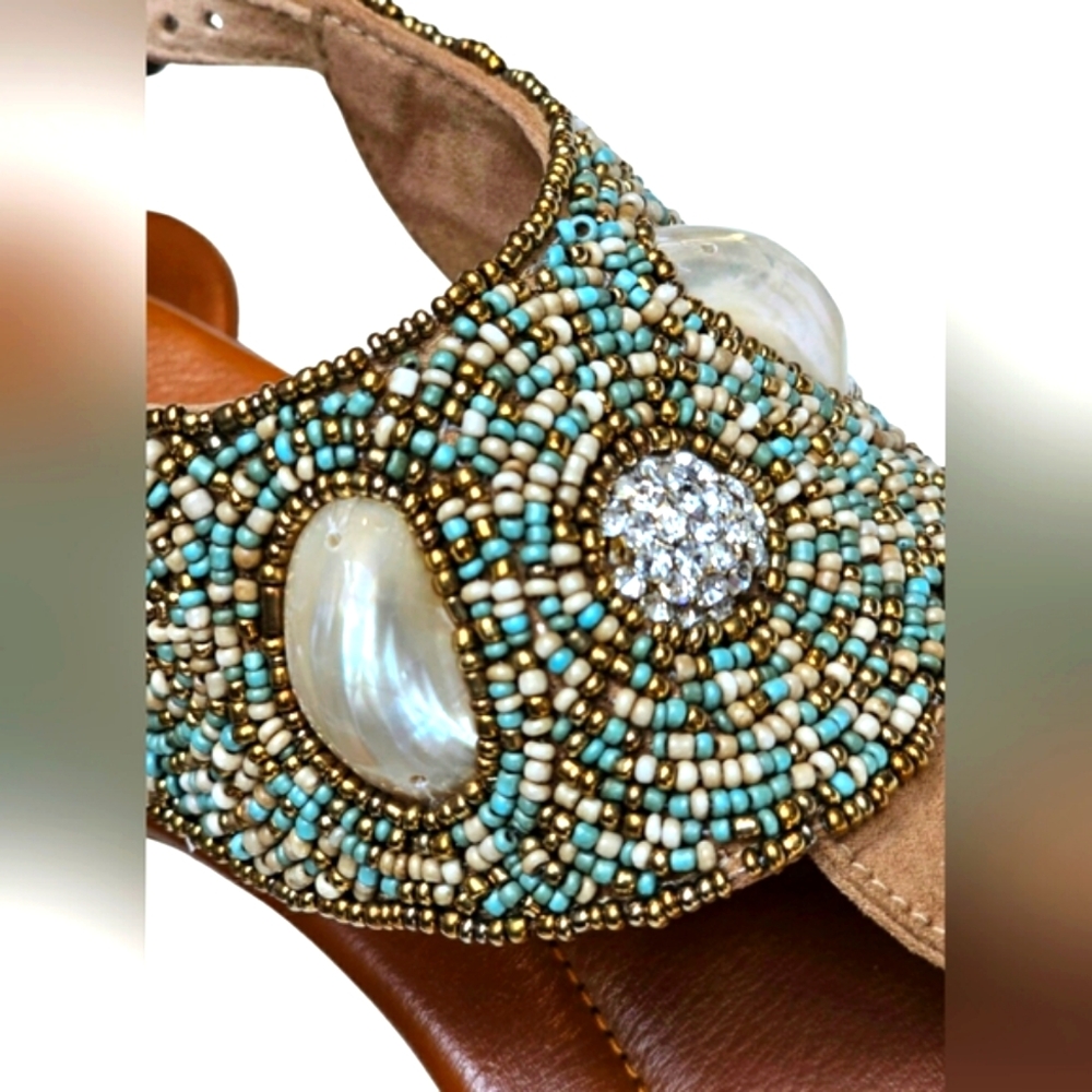 Skemo Luxury Bead Embroidered Tan Turquoise Ankle Strap Sandals Shell Details - Picture 7 of 13